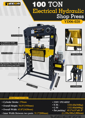 100 Ton Capacity Electrical Hydraulic Shop Press with 220V 1PH 60HZ Power and 270mm Cylinder Stroke
